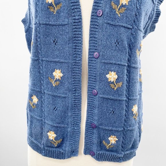 Vintage Tulchan Blue Floral Embroidered Sweater Vest Size Large L - Picture 5 of 10